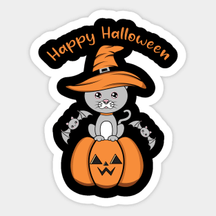 Happy Halloween Cute Cat, Kawaii black cat with pumpkin Sticker